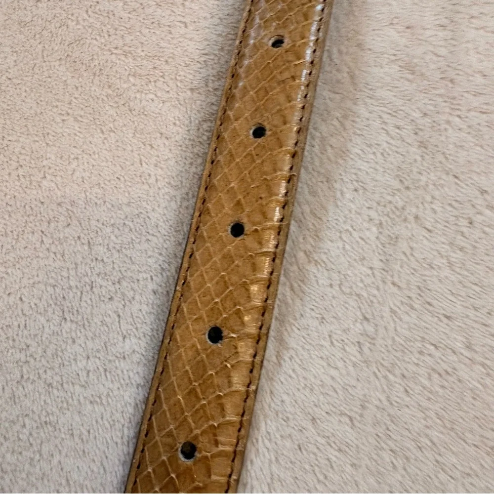 Tan Leather Snakeskin Textured Slim Belt with Gold Buckle Sz M